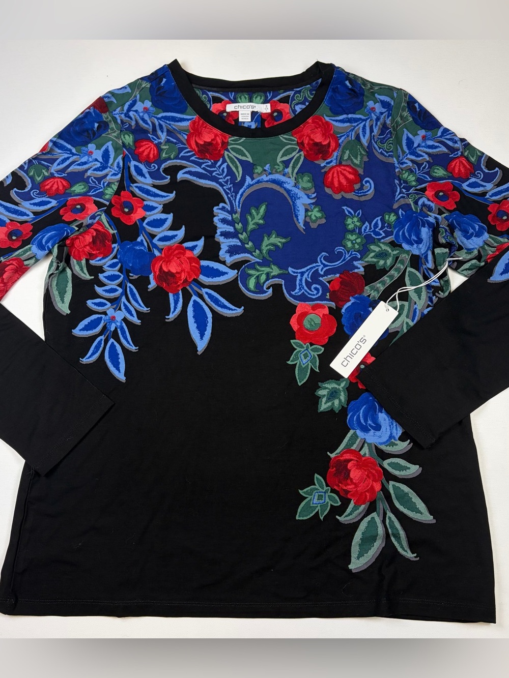 CHICO’S TOUCH OF COOL FLORAL PLACEMENT LONG SLEEVE TOP BLACK BLUE RED SIZE L NWT